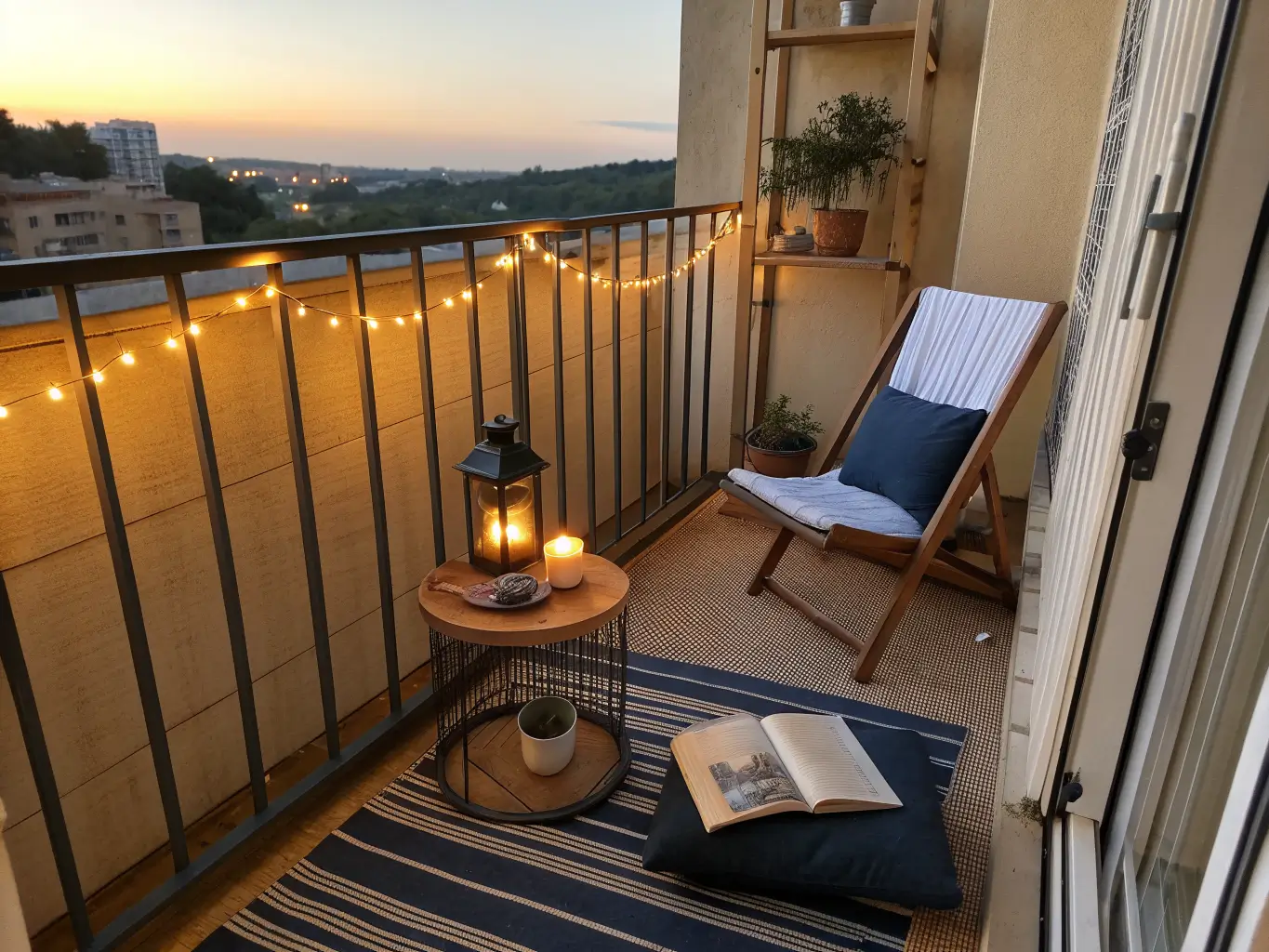 Cozy dusk balcony scene with warm amber string lights, a navy cushion, and a small table with a lit candle and open book, over a terracotta-striped rug.