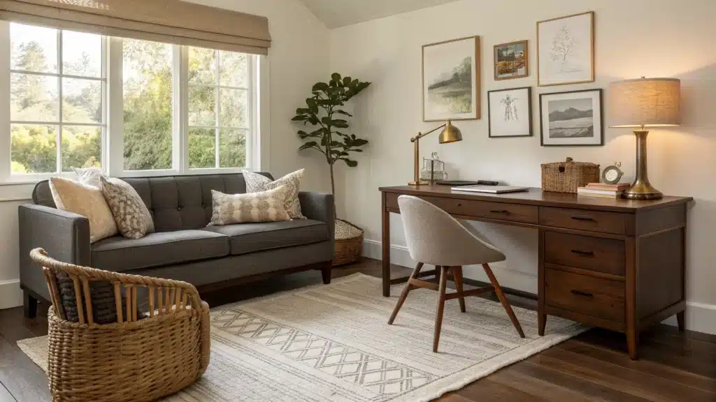 Sunlit bonus room office and guest space with walnut desk by window, charcoal sleeper sofa with beige pillows, cane chair, woven rugs, and warm brass lighting.