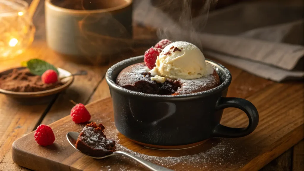 Chocolate lava mug cake in a dark ceramic mug, cracked open with molten chocolate, topped with melting vanilla ice cream, raspberries, and powdered sugar on a rustic wooden table.