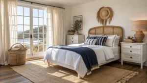 Sunlit coastal bedroom with rattan cane headboard, white linen bedding, navy-striped pillow, jute rug on pale oak floors, and sheer curtains billowing by an open window.