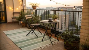 Cozy small apartment balcony at golden hour with black bistro set, striped rug, string lights, and lush railing planters, with a soft cityscape backdrop.