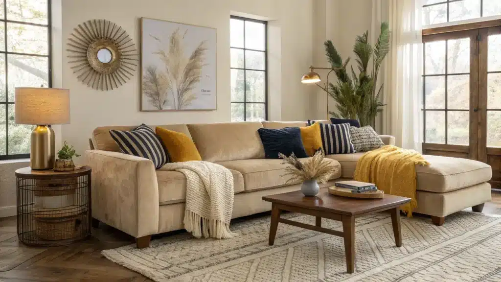Warm living room with greige sectional, mustard and knit pillows, walnut coffee table on taupe rug, brass lamp glow, terracotta abstract art, pampas vase, and fiddle-leaf fig.
