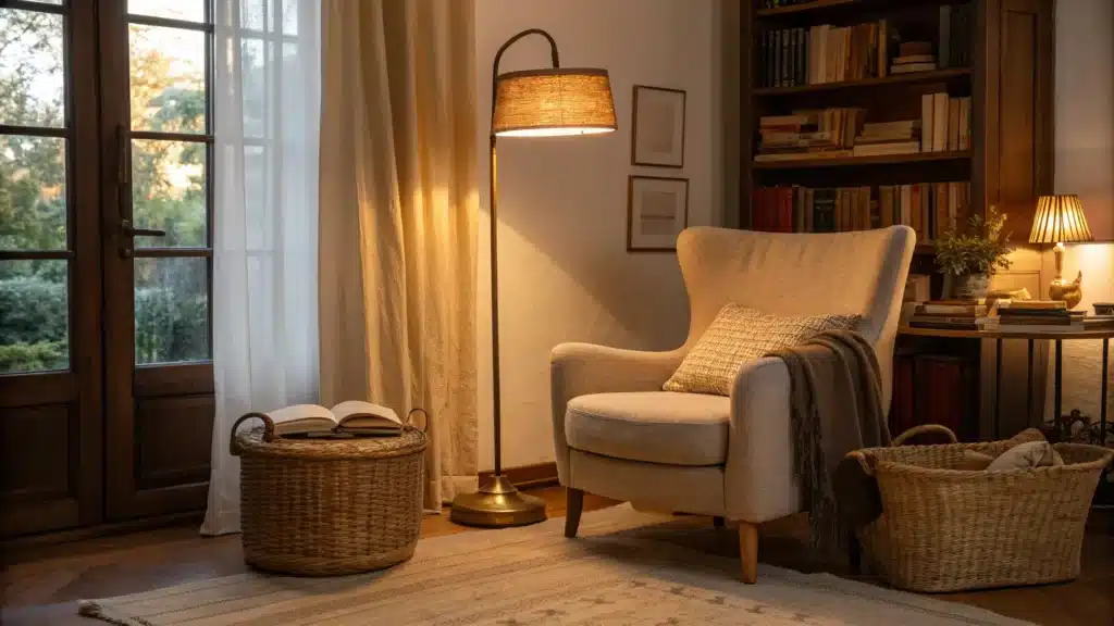 Cozy living room corner at dusk lit by warm brass and linen-shaded lamps, camel bouclé armchair, walnut side table, candles, and linen curtains in amber taupe tones.