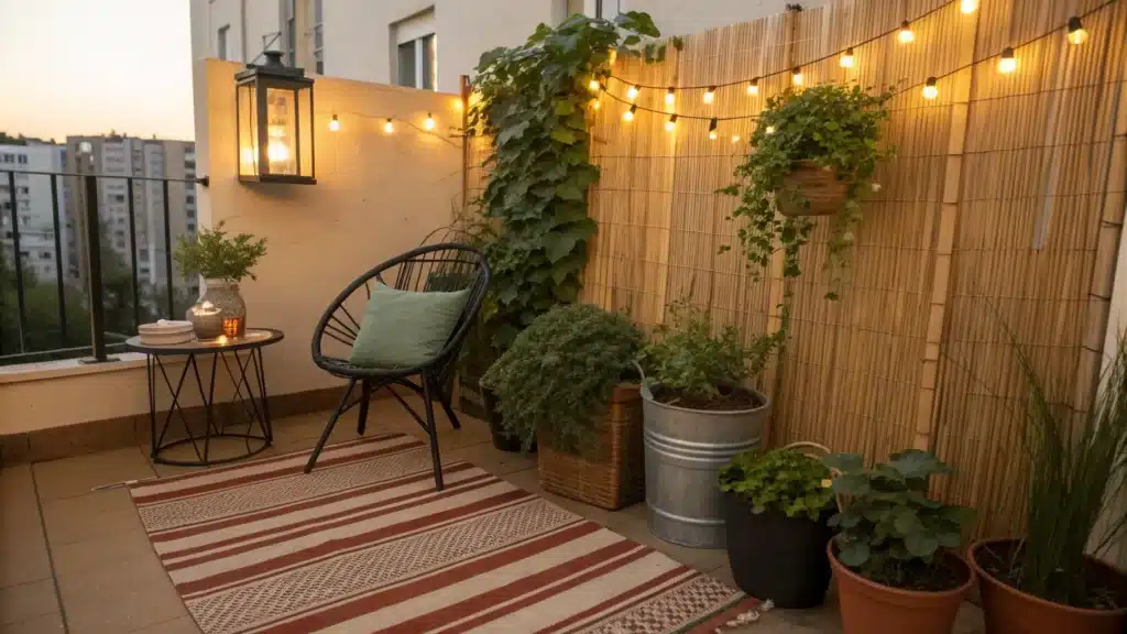 Cozy tiny apartment patio at golden hour with terracotta rug, black bistro chair with sage cushions, trailing plants, teak side table with lit lantern, overhead string lights, and bamboo privacy screen.