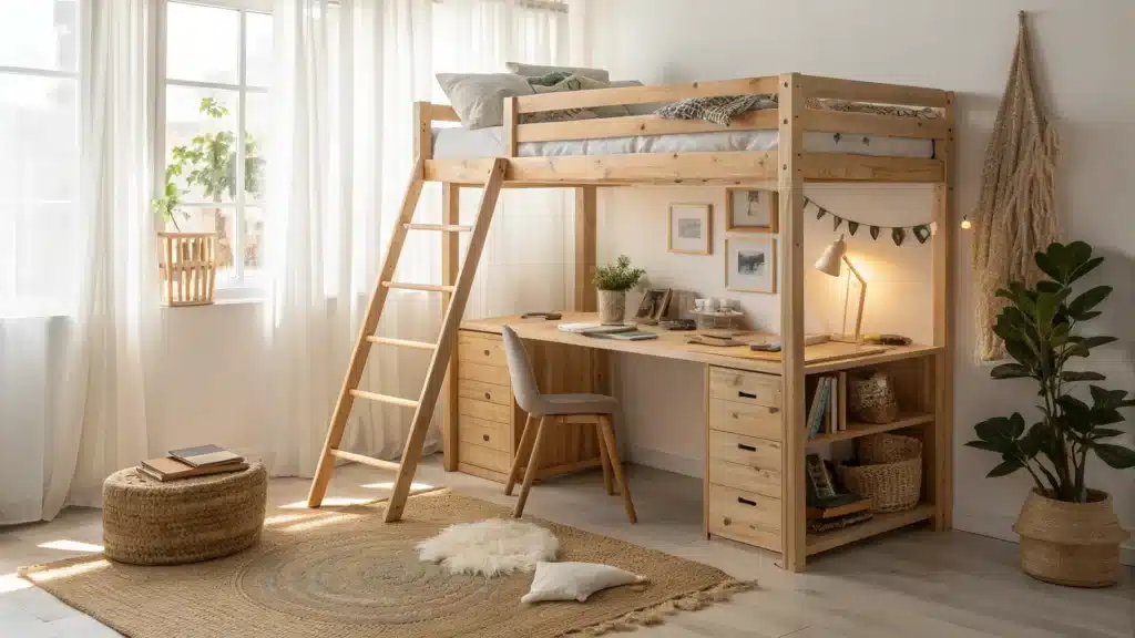 Sunlit small bedroom with natural pine loft bed, ladder, desk beneath, jute rug, brass lamp, and soft linen bedding in warm tones.