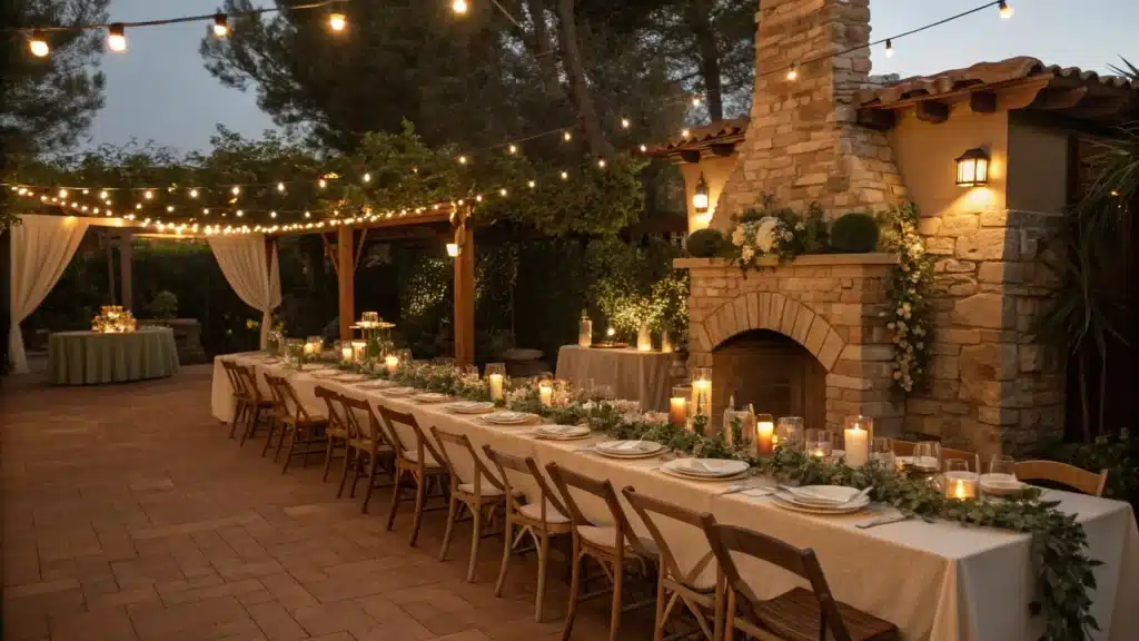 Warmly lit backyard wedding reception with a long table set for 20 under string lights, ivory runners, sage and terracotta florals, brass candles, and vintage chairs at golden dusk.