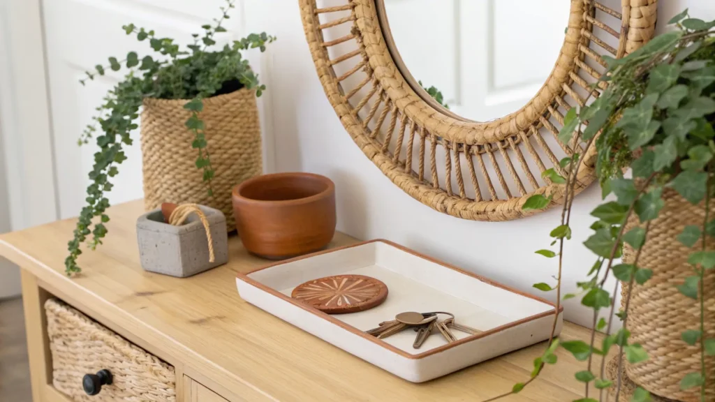 Scandinavian entryway console with rattan mirror, terracotta accent, ceramic key tray, and trailing plant on a clean background
