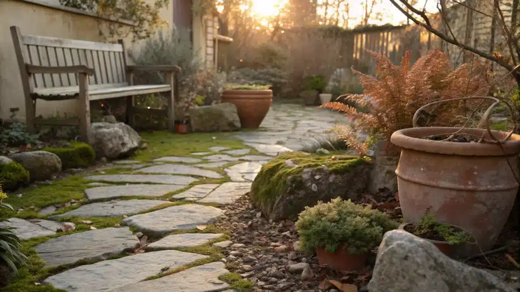 Wabi-sabi courtyard garden with mossy stone path, chipped terracotta pot by gray boulders, ferns and dried seed heads, and a weathered wood bench in warm late-afternoon light.