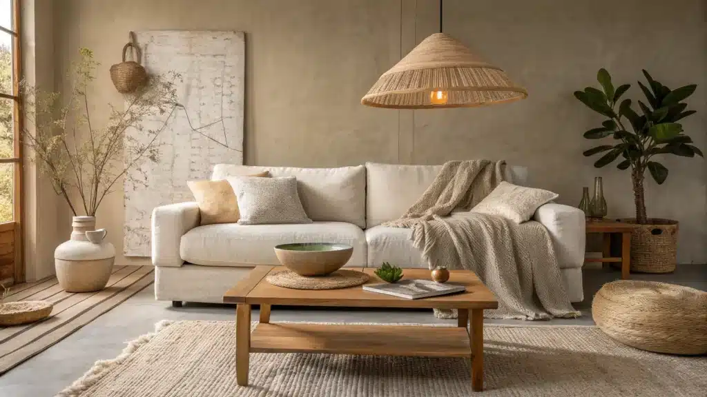 Cozy Japandi living room in golden-hour light with an oatmeal linen sofa, oak coffee table, cracked ceramic bowl, taupe wool throw, jute rug, rice-paper pendant lamp, clay vase with dried eucalyptus, and limewash accent wall.